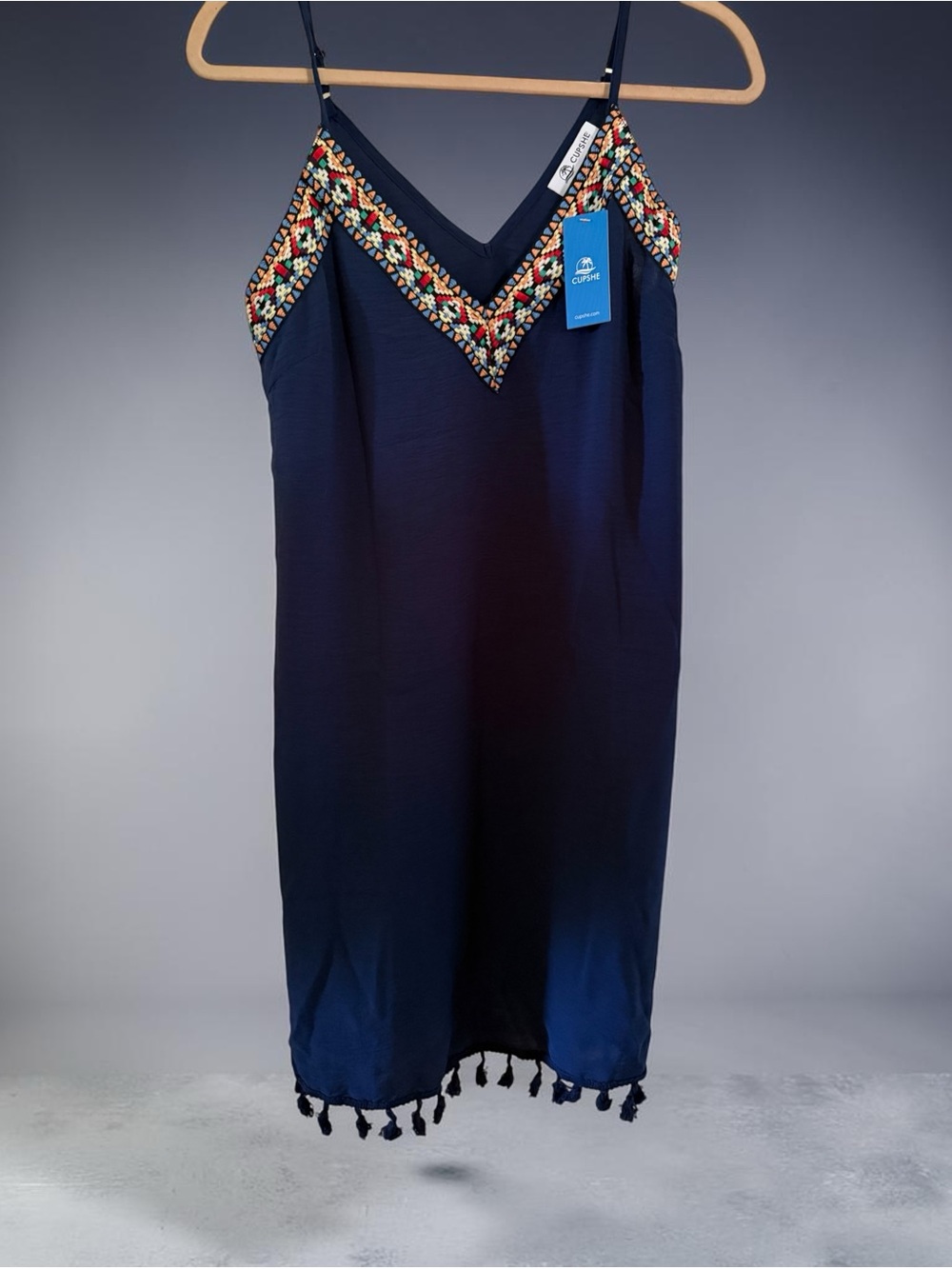 NWT Cupshe Boho Coast Navy Blue Embroidered Tassel Mini Dress Cover-Up